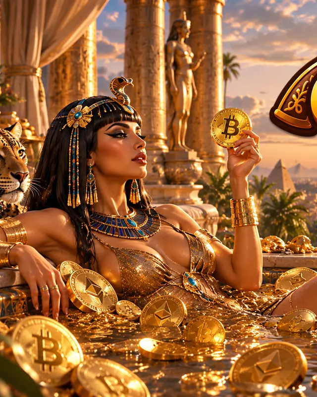 Queen relaxing in a pool of gold coins at sunset